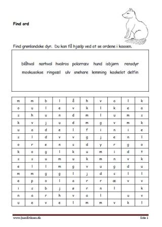 Elevopgave med find ord. Danskopgave til temaet Grønlandske dyr.