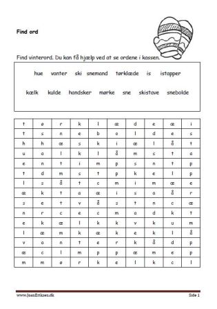 Elevopgave med find ord. Danskopgave til temaet Vinter