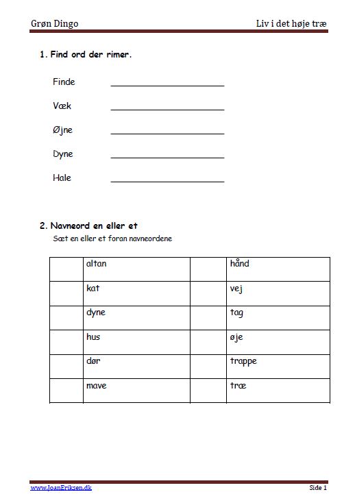 Elevopgaver til læsebøger i serien grøn dingo.