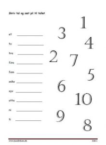 Elevopgave med tal og talord. skriv tal og sæt pil til det rigtige tal.