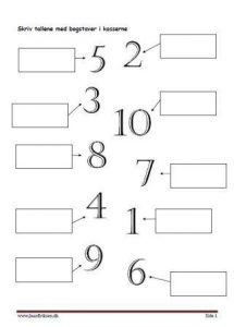 Elevopgave med tal og talord. skriv tal og sæt pil til det rigtige tal.