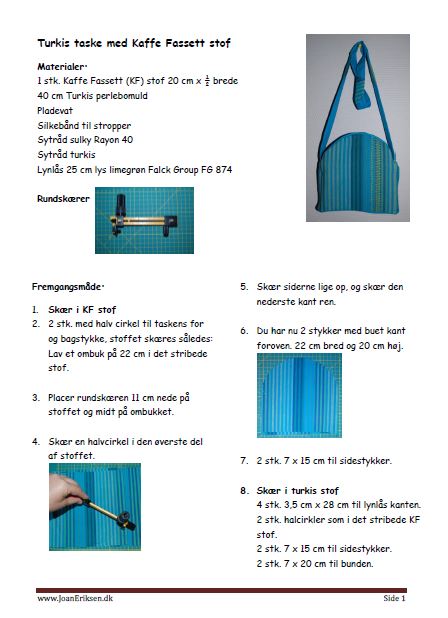 Sy-vejledning til turkis taske i Kaffe Fassett stof. Undervisning i Håndværk og design.