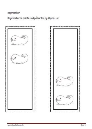 Bogmærker der kan males eller farvelægges, Undervisning i billedkunst og temaerne Grønland og Fisk og havdyr.