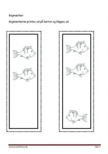 Bogmærker der kan males eller farvelægges, Undervisning i billedkunst og temaerne Fisk og havdyr.