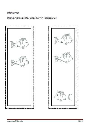 Bogmærker der kan males eller farvelægges, Undervisning i billedkunst og temaerne Fisk og havdyr.