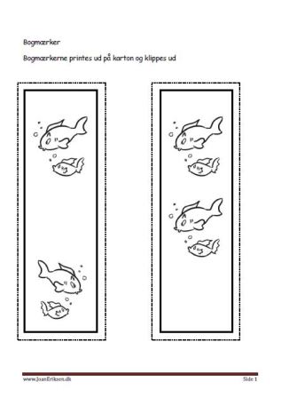 Bogmærker der kan males eller farvelægges, Undervisning i billedkunst og temaerne Fisk og havdyr.