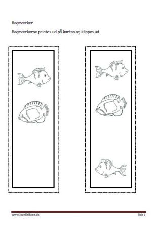 Bogmærker der kan males eller farvelægges, Undervisning i billedkunst og temaerne Fisk og havdyr.