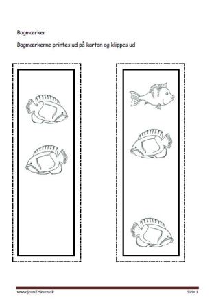 Bogmærker der kan males eller farvelægges, Undervisning i billedkunst og temaerne Fisk og havdyr.