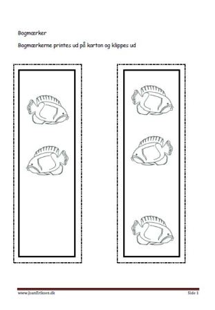 Bogmærker der kan males eller farvelægges, Undervisning i billedkunst og temaerne Fisk og havdyr.