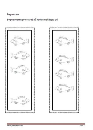 Bogmærker der kan males eller farvelægges, Undervisning i billedkunst og temaerne Fisk og havdyr.