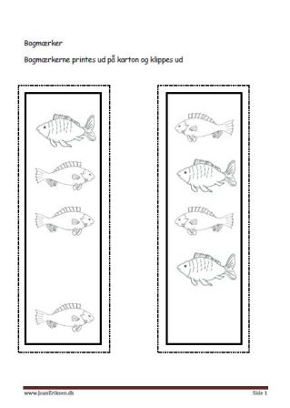 Bogmærker der kan males eller farvelægges, Undervisning i billedkunst og temaerne Fisk og havdyr.