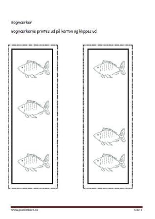 Bogmærker der kan males eller farvelægges, Undervisning i billedkunst og temaerne Fisk og havdyr.