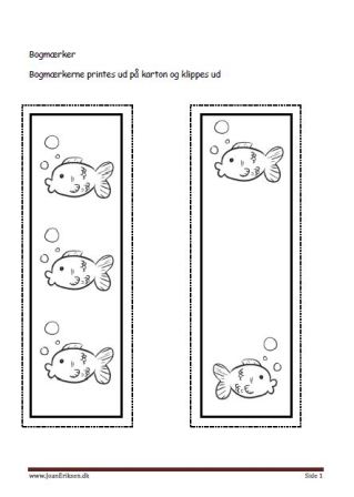 Bogmærker der kan males eller farvelægges, Undervisning i billedkunst og temaerne Fisk og havdyr.