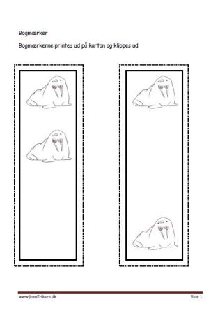 Bogmærker der kan males eller farvelægges, Undervisning i billedkunst og temaerne Grønland og Fisk og havdyr.
