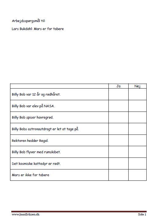 Elevopgaver til litteratur. Mars er for tabere