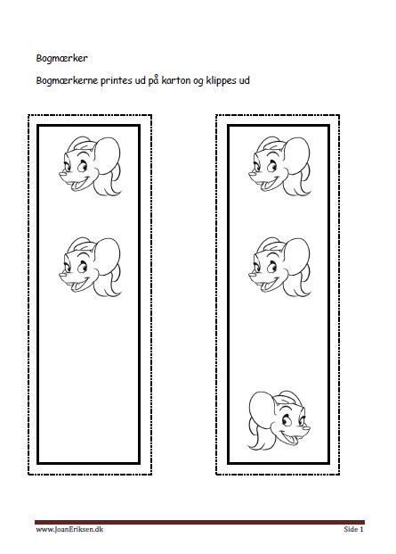Bogmærker der kan males eller farvelægges, Undervisning i billedkunst og temaerne Pattedyr, skoven, eventyr.