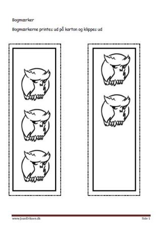 Bogmærker der kan males eller farvelægges, Undervisning i billedkunst og temaerne Fugle, skoven.