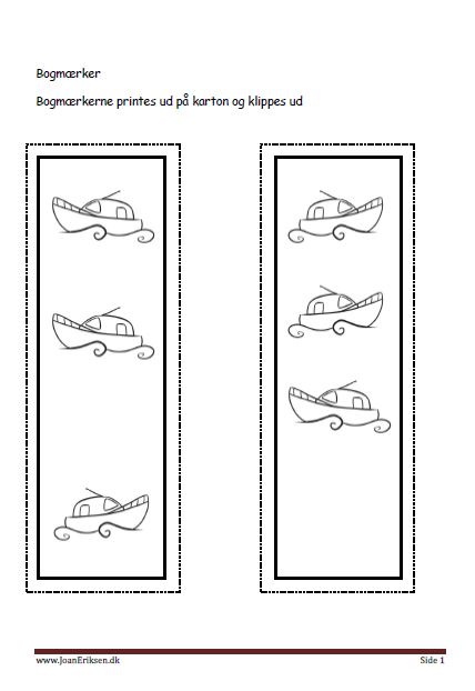 Bogmærker der kan males eller farvelægges, Undervisning i billedkunst og temaerne Havet og transport.