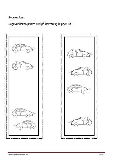 Bogmærker der kan males eller farvelægges, Undervisning i billedkunst og temaerne Transport, Biler.