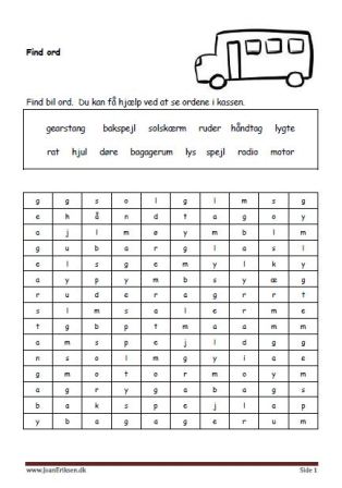 Elevopgave med find ord. Danskopgave til temaet transport.