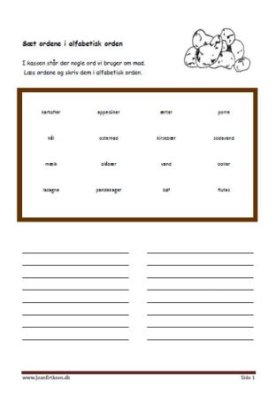 Skriv ordene i alfabetisk orden. Elevopgave til træning af alfabetisk rækkefølge.