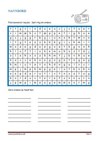 Find navneord i kassen, sæt ring om dem og skriv ordene. Elevopgave til undervisning i ordklasser.