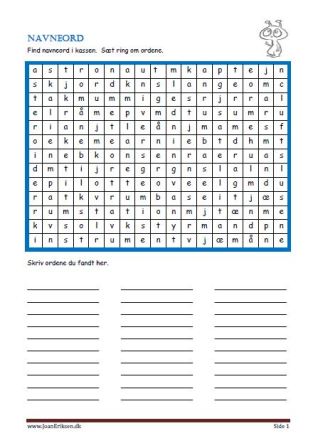 Find navneord i kassen, sæt ring om dem og skriv ordene. Elevopgave til undervisning i ordklasser.