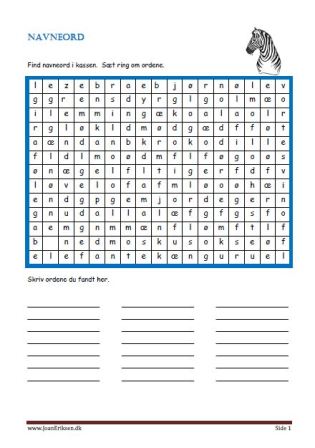 Find navneord i kassen, sæt ring om dem og skriv ordene. Elevopgave til undervisning i ordklasser.