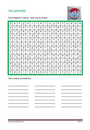 Find tillægsord i kassen, sæt ring om dem og skriv ordene. Elevopgave til undervisning i ordklasser.