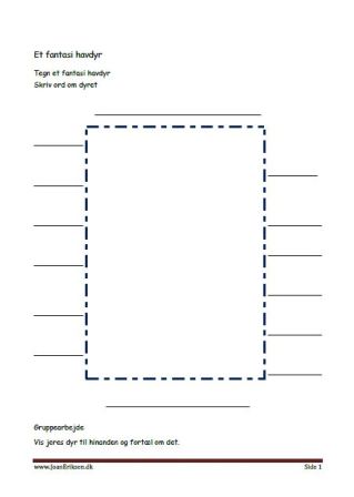 Undervisning i dansk. Tegn et fantasidyr og skriv ord om det.