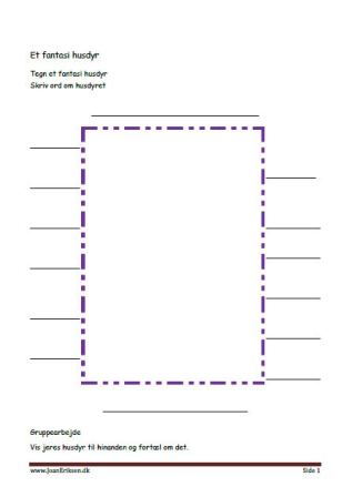 Undervisning i dansk. Tegn et fantasidyr og skriv ord om det.