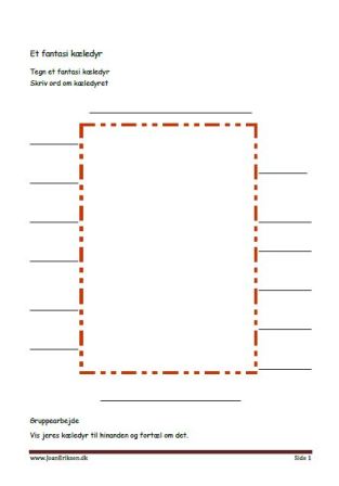 Undervisning i dansk. Tegn et fantasidyr og skriv ord om det.