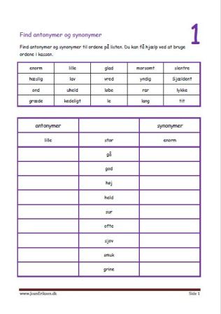 Elevopgave med antonymer og synonymer. Undervisning i dansk.