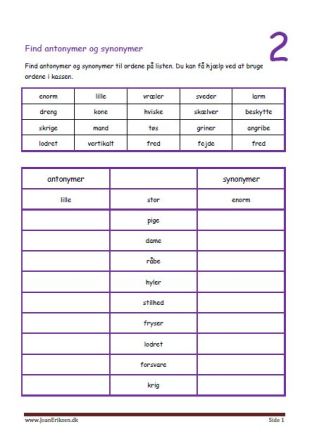 Elevopgave med antonymer og synonymer. Undervisning i dansk.