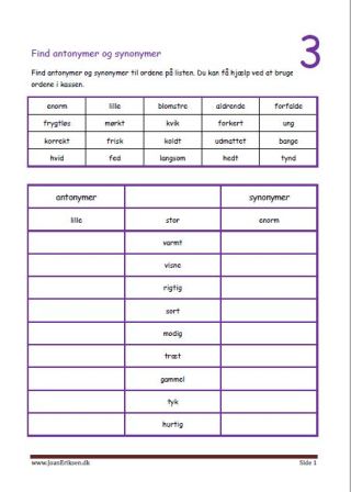 Elevopgave med antonymer og synonymer. Undervisning i dansk.