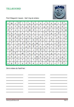 Find tillægsord i kassen, sæt ring om dem og skriv ordene. Elevopgave til undervisning i ordklasser.