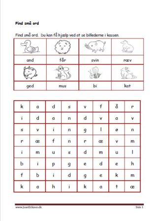 Elevopgave: Find små ord. Undervisning i indskolingen. Dyr