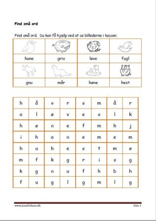 Elevopgave: Find små ord. Undervisning i indskolingen. Dyr