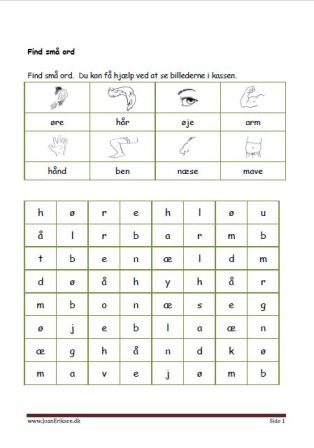 Elevopgave: Find små ord. Undervisning i indskolingen. Mennesket