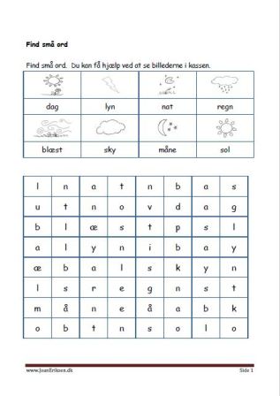 Elevopgave: Find små ord. Undervisning i indskolingen. Vejret