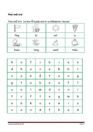 Elevopgave: Find små ord. Undervisning i indskolingen. Sommer