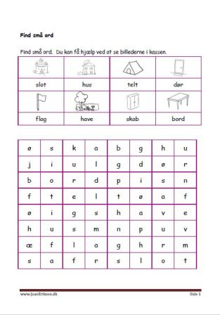 Elevopgave: Find små ord. Undervisning i indskolingen. Bolig.
