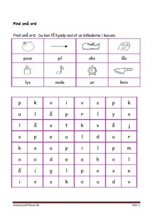 Elevopgave: Find små ord. Undervisning i indskolingen.