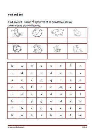 Elevopgave: Find små ord og skriv dem i kassen. Undervisning i indskolingen. Dyr