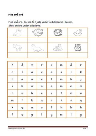 Elevopgave: Find små ord og skriv dem i kassen. Undervisning i indskolingen. Dyr
