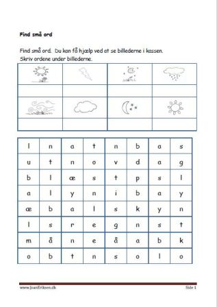 Elevopgave: Find små ord om vejret og skriv dem i kassen. Undervisning i indskolingen.