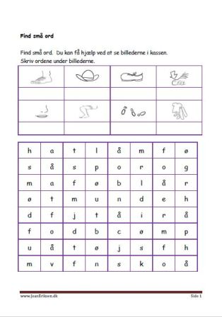 Elevopgave: Find små ord og skriv dem i kassen. Undervisning i indskolingen. Tøj og beklædning.