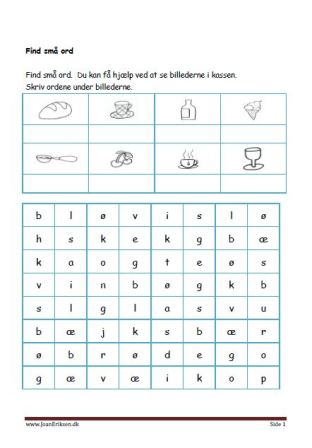 Elevopgave: Find små ord og skriv dem i kassen. Undervisning i indskolingen. Mad og drikke.