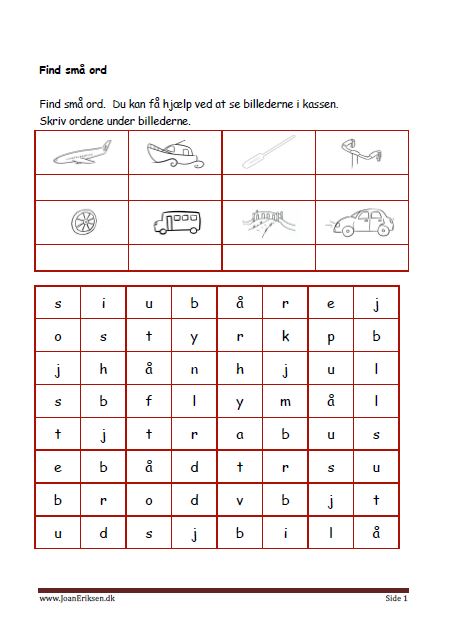 Elevopgave: Find små ord og skriv dem i kassen. Undervisning i indskolingen. Transport