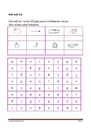 Elevopgave: Find små ord og skriv dem i kassen. Undervisning i indskolingen.